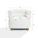 The LuxenHome Tia ivory barrel accent chair showcases a double bolster backrest and round cushioned arms. Measuring 33.1 wide, 28.7 tall, and 29.9 deep with a 12.2 seat height, it features wooden ball legs for stability and style in any room.