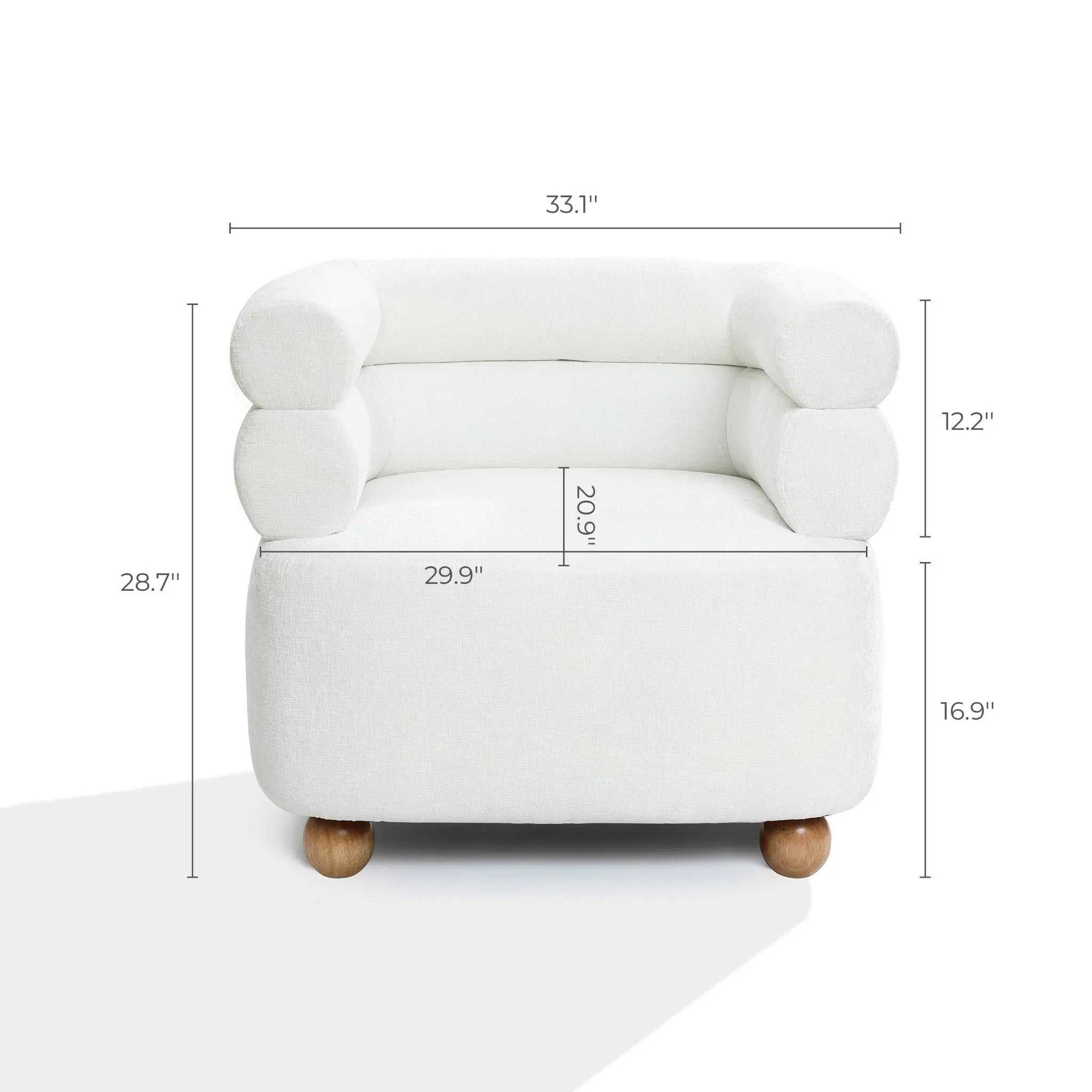 The LuxenHome Tia ivory barrel accent chair showcases a double bolster backrest and round cushioned arms. Measuring 33.1 wide, 28.7 tall, and 29.9 deep with a 12.2 seat height, it features wooden ball legs for stability and style in any room.