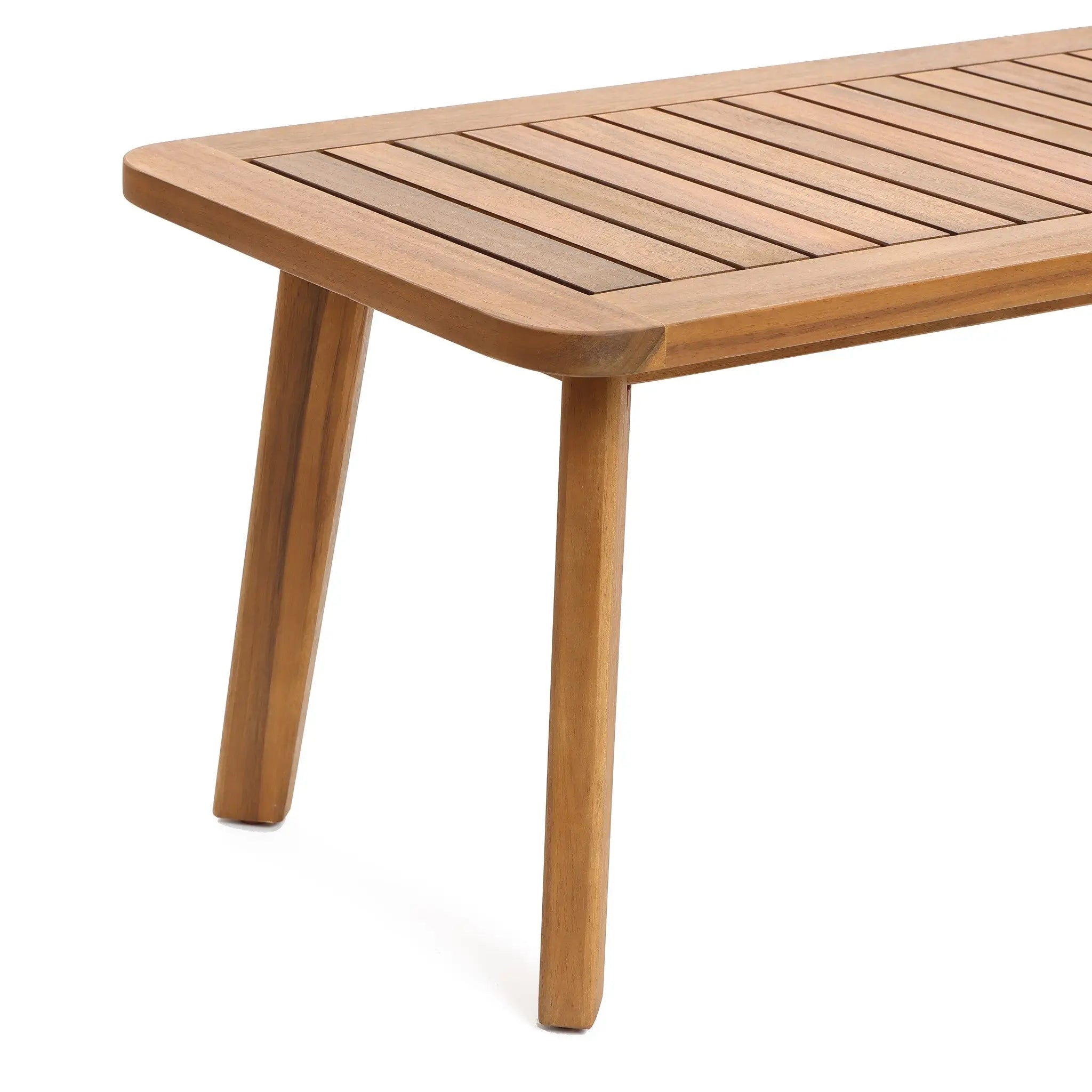 A modern minimalist piece, this table is crafted from FSC-certified Acacia wood featuring a slatted top and four angled legs. Perfect for pairing with your outdoor loveseat set, it marries style with sustainability effortlessly.