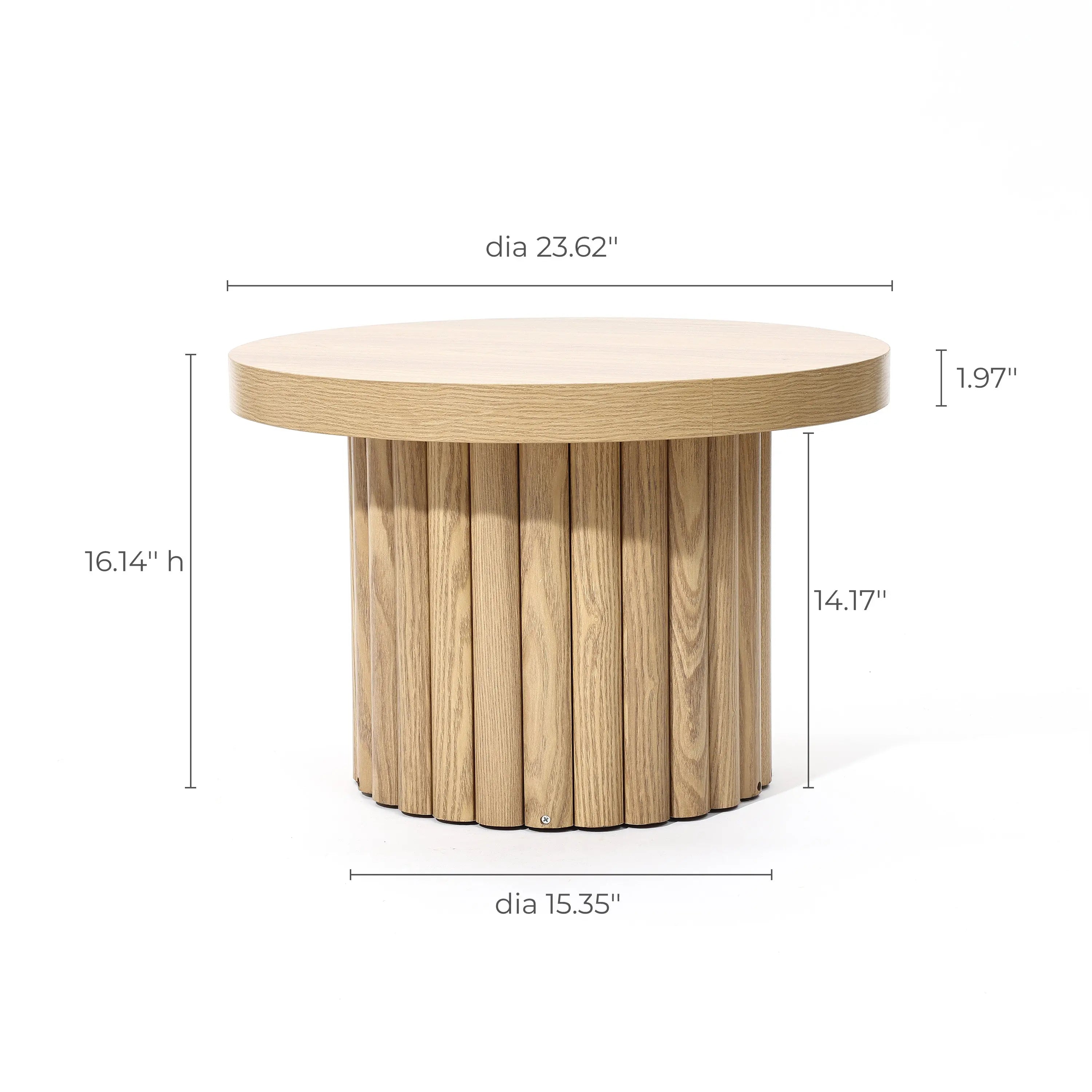 This round wooden coffee table features a modern design with a fluted base. It boasts an oak finish with dimensions: diameter 23.62, height 16.14, base diameter 15.35, and base height 14.17. The top thickness is 1.97.