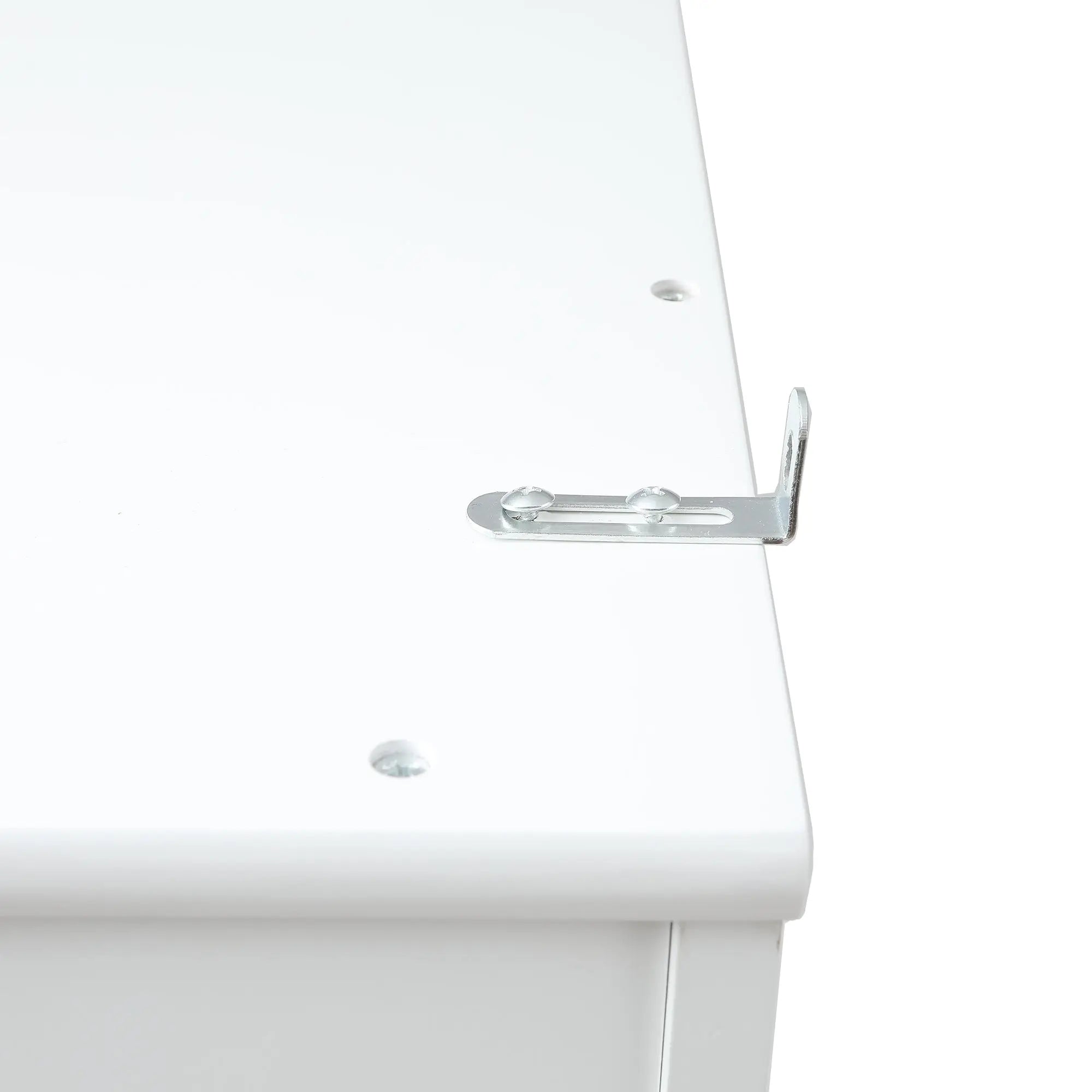 A close-up of a metal mounting bracket attached with screws to the top edge of a white cabinet, ideal for supporting a coat rack or hall tree in your entryway.