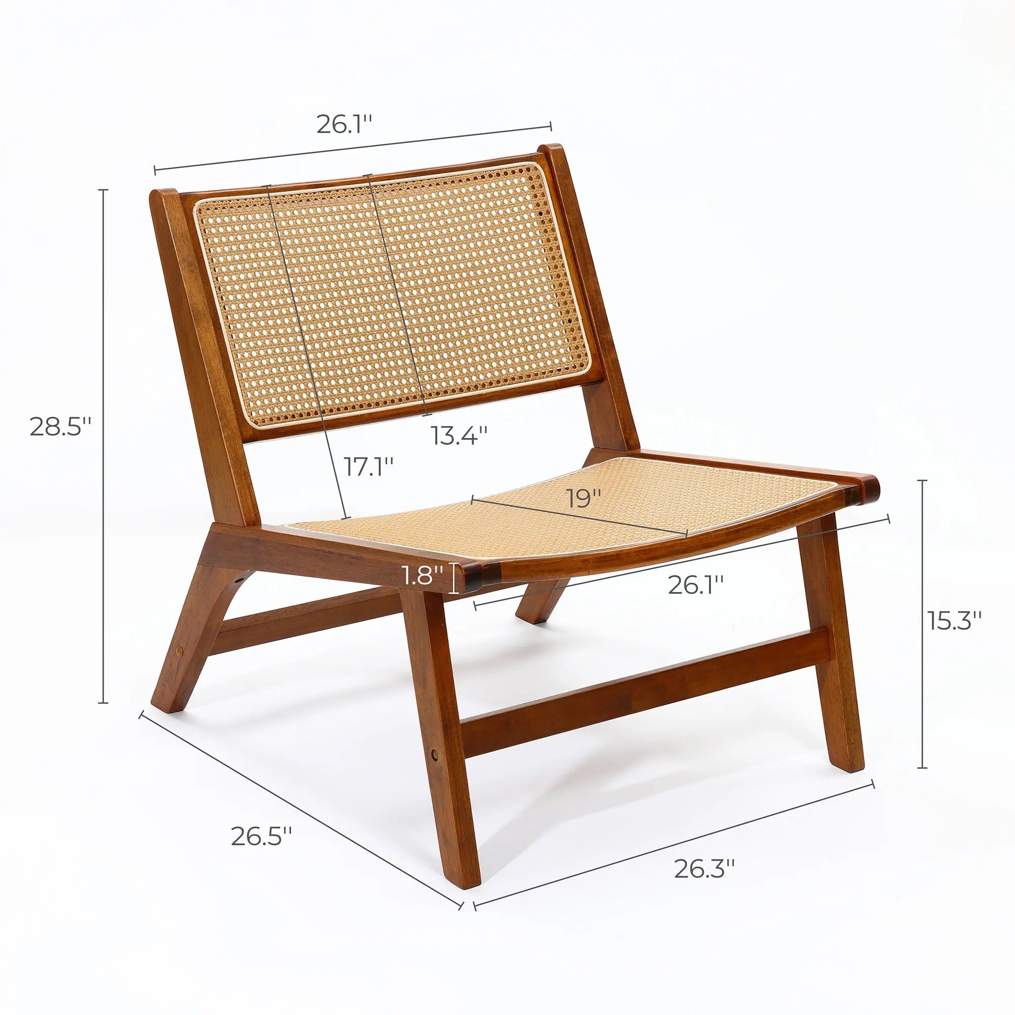 This mid-century modern wooden chair features a woven back and seat made of natural plastic rattan. Dimensions include a height of 28.5, seat height of 15.3, depth of 26.5, and width of 26.1, making it an ideal indoor accent chair for any stylish living space.