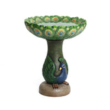 Introducing an exquisite Peacock Resin Birdbath, ideal for your outdoor space. This decorative piece showcases a peacock design with a vibrant green bowl and a stunning sculpture at the base, effortlessly elevating your gardens charm.