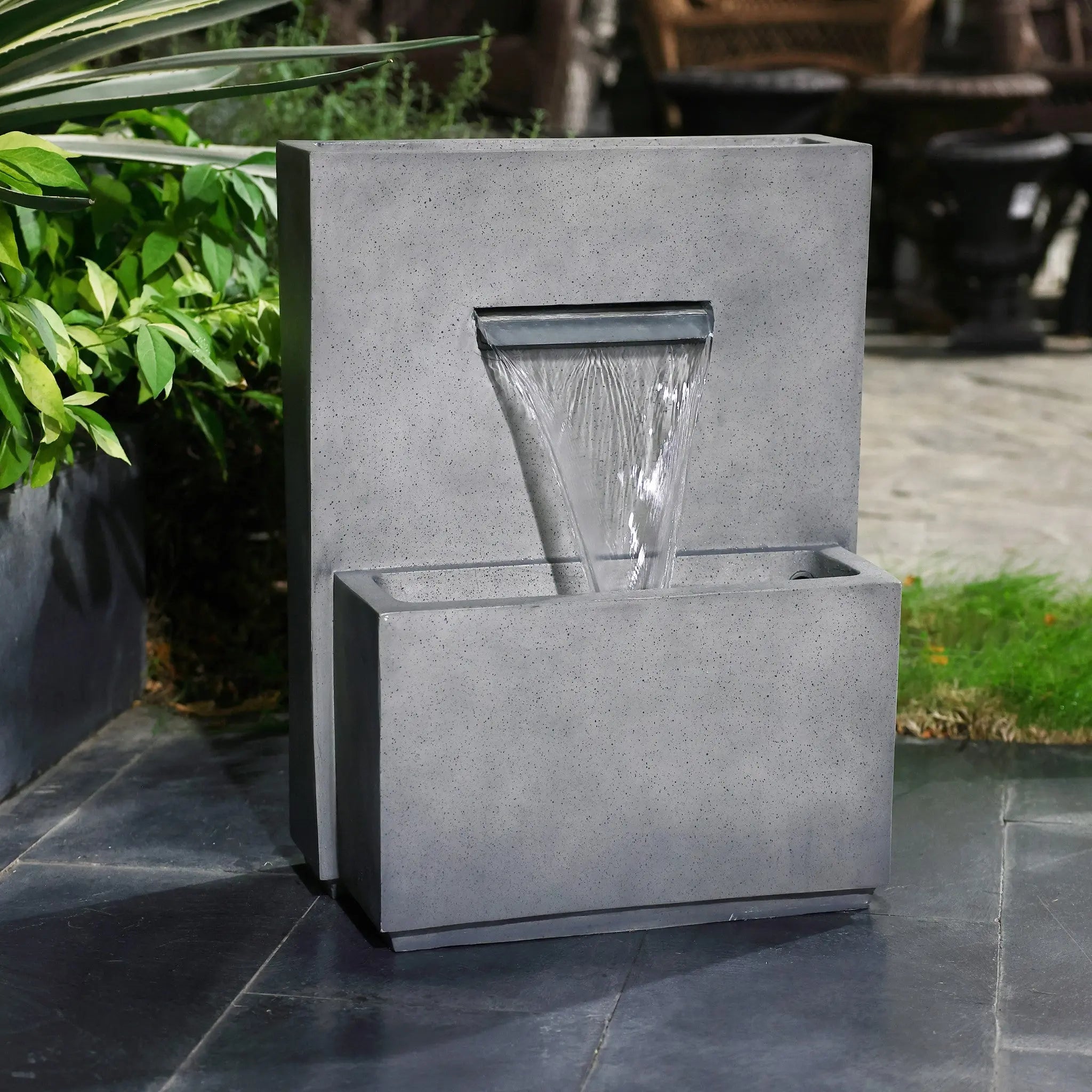 Modern gray resin outdoor waterfall fountain - LuxenHome