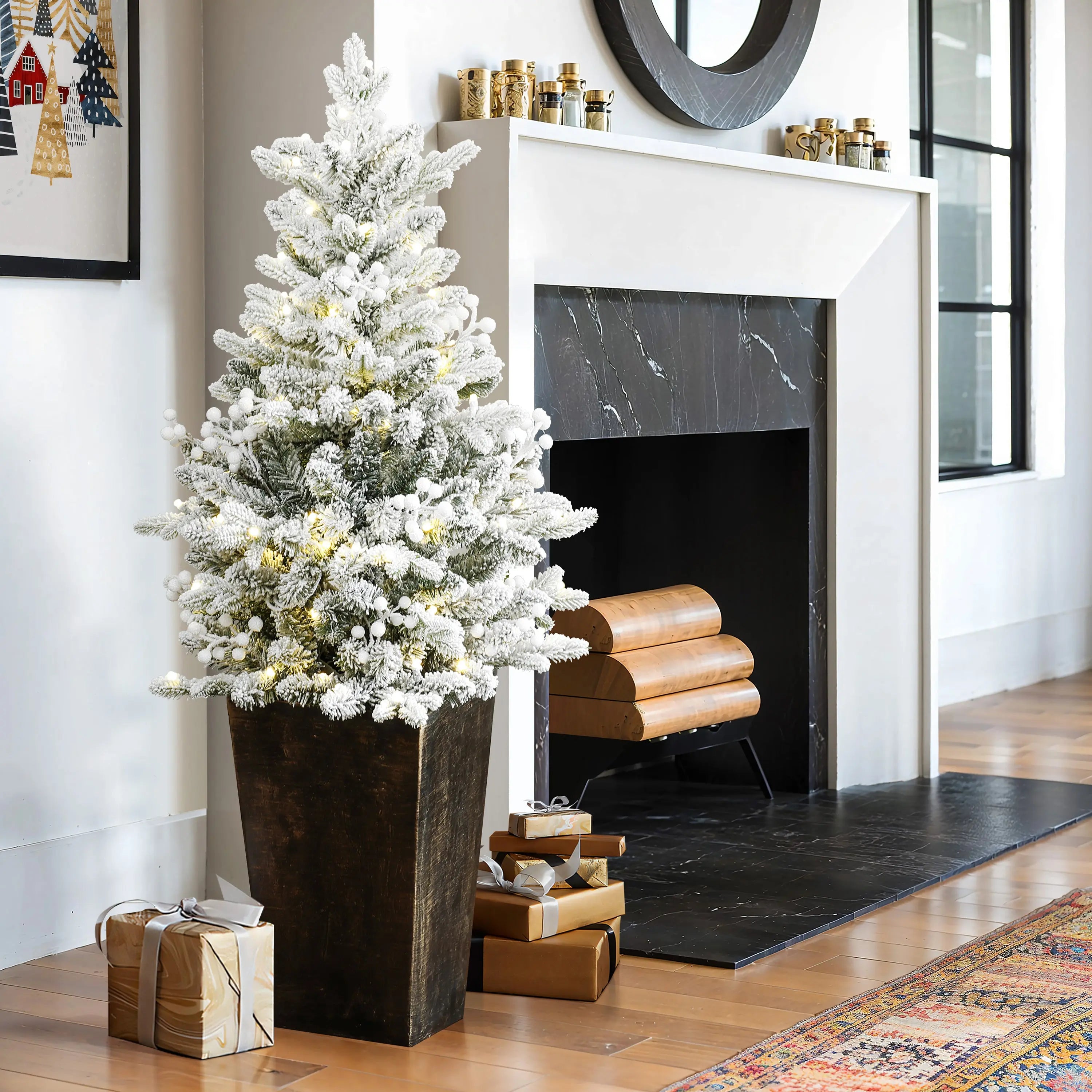 fake-christmas-tree-with tall-planter-beside-the-closet