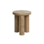 A small, round side table with three cylindrical legs, crafted from manufactured wood and shown against a plain white background.
