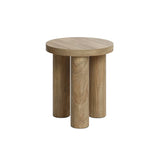 A small, round side table with three cylindrical legs, crafted from manufactured wood and shown against a plain white background.