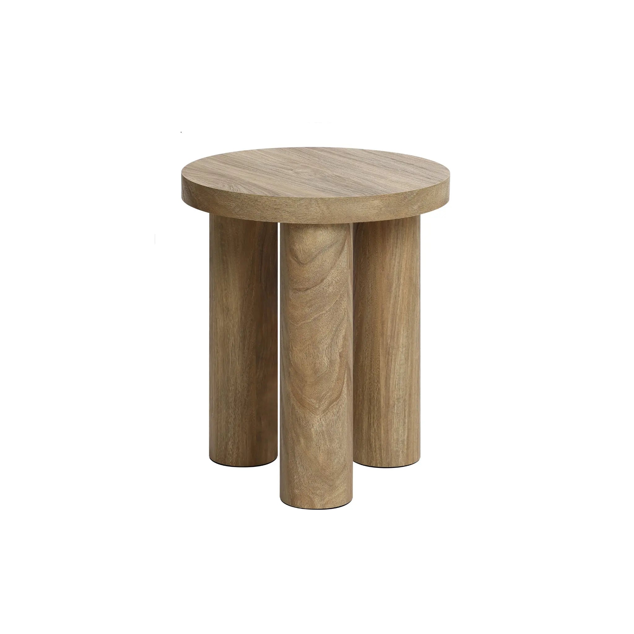 A small, round side table with three cylindrical legs, crafted from manufactured wood and shown against a plain white background.