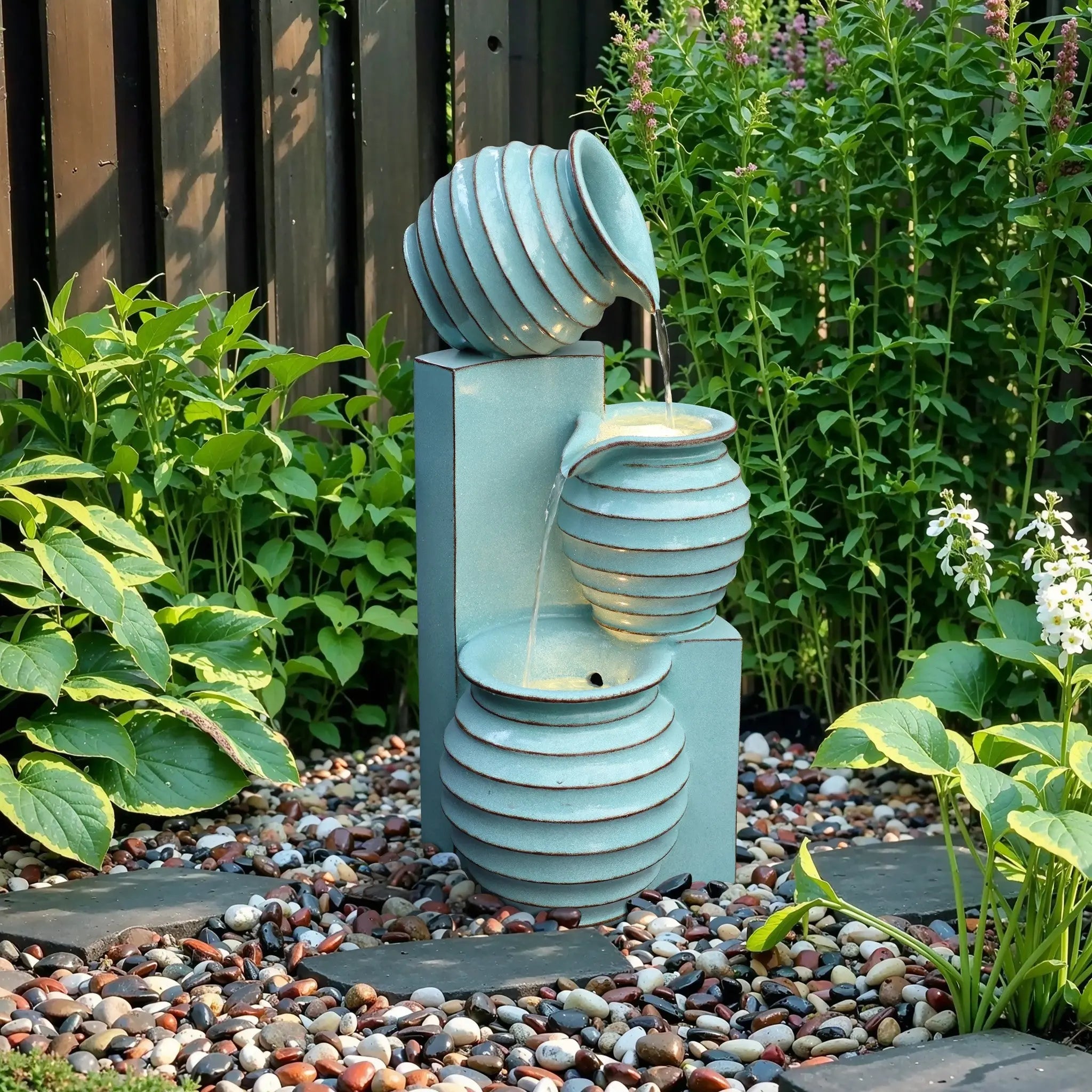 Aqua Blue 3-Tier Bowls Polyresin Outdoor Water Fountain with Lights - LuxenHome
