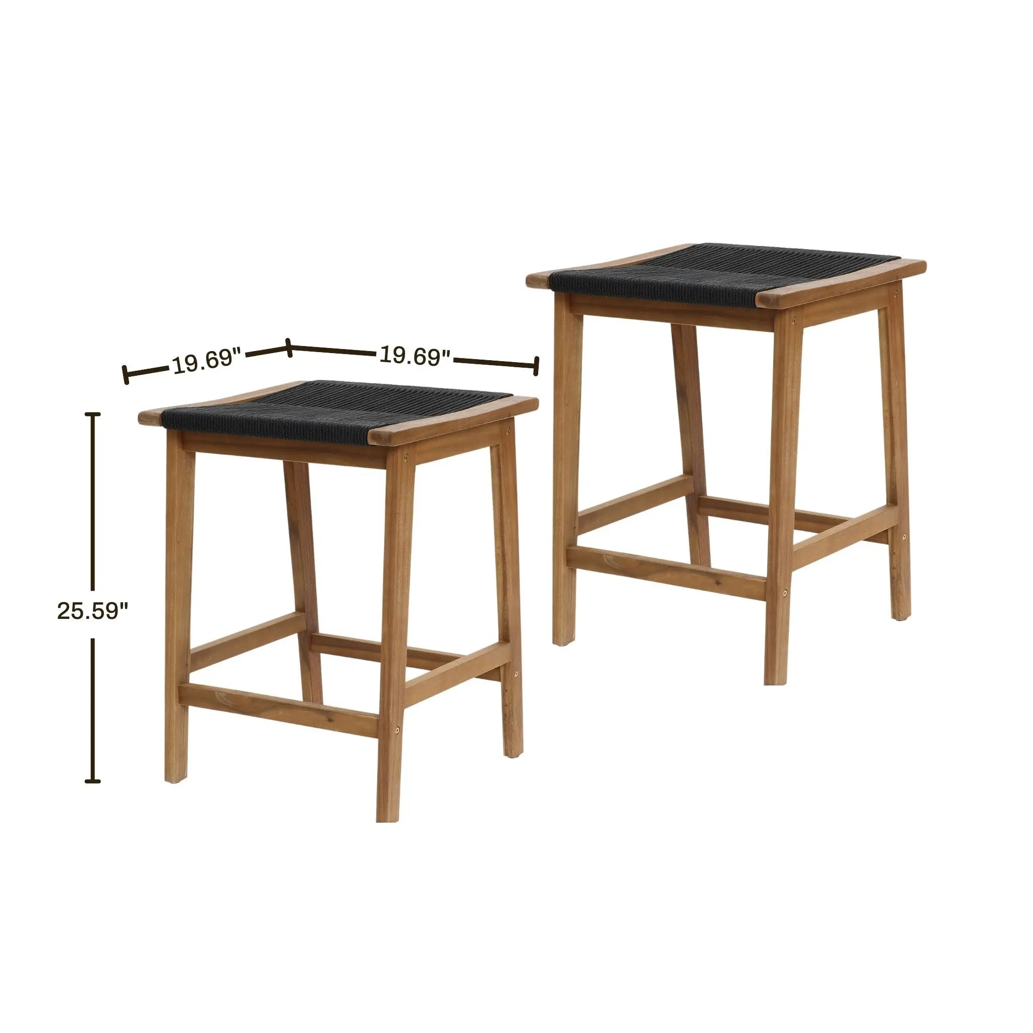 Two counter height stools crafted from Acacia wood feature black rope-woven seats, each measuring 19.69 inches square and 25.59 inches high. Arrows indicate dimensions, highlighting the meticulous design that balances function with style.