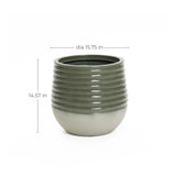 Green ribbed ceramic planter with a 15.75-inch diameter and 14.57-inch height on a white background, suitable for both indoor and outdoor environments.