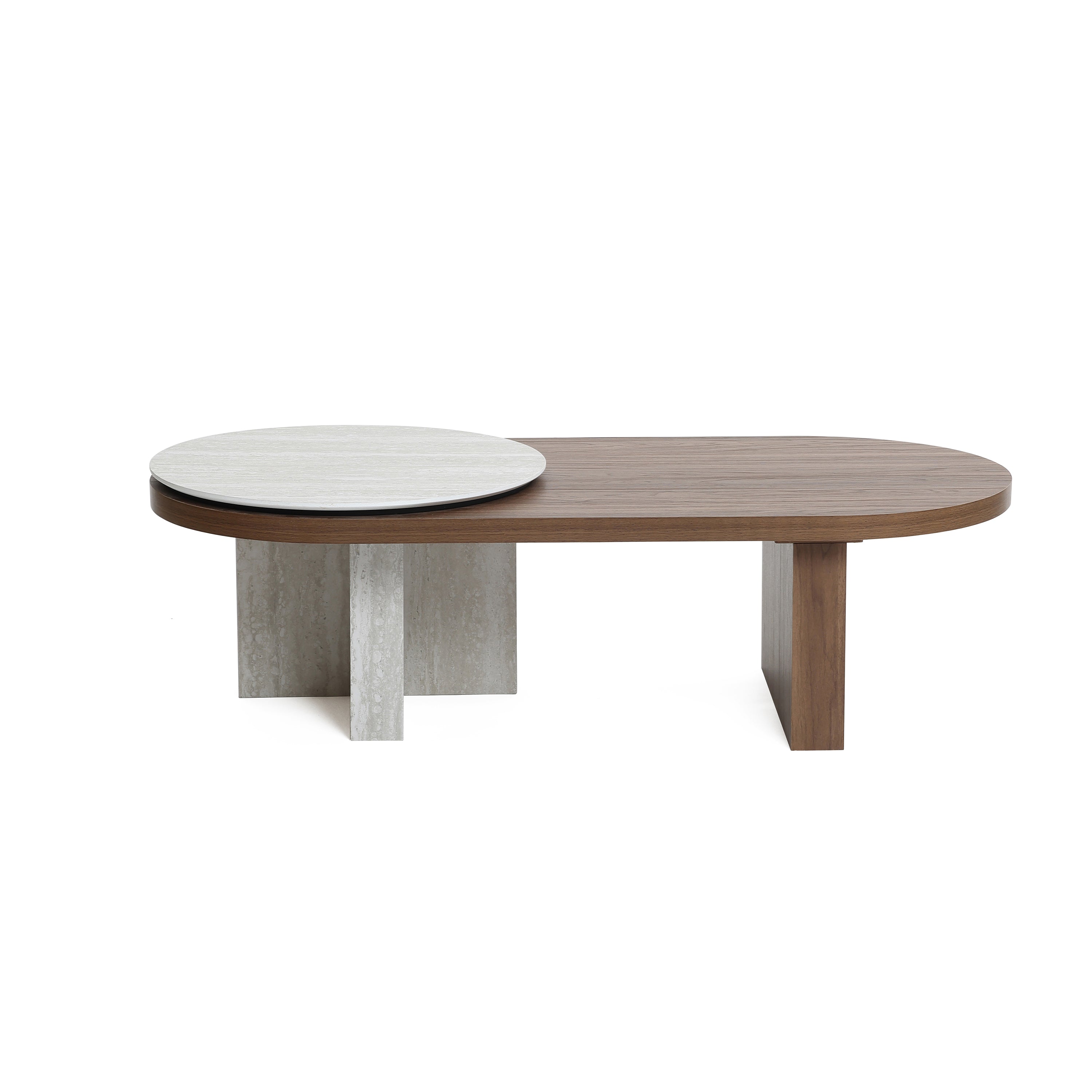 Travertine-style and walnut finish wood coffee table - LuxenHome