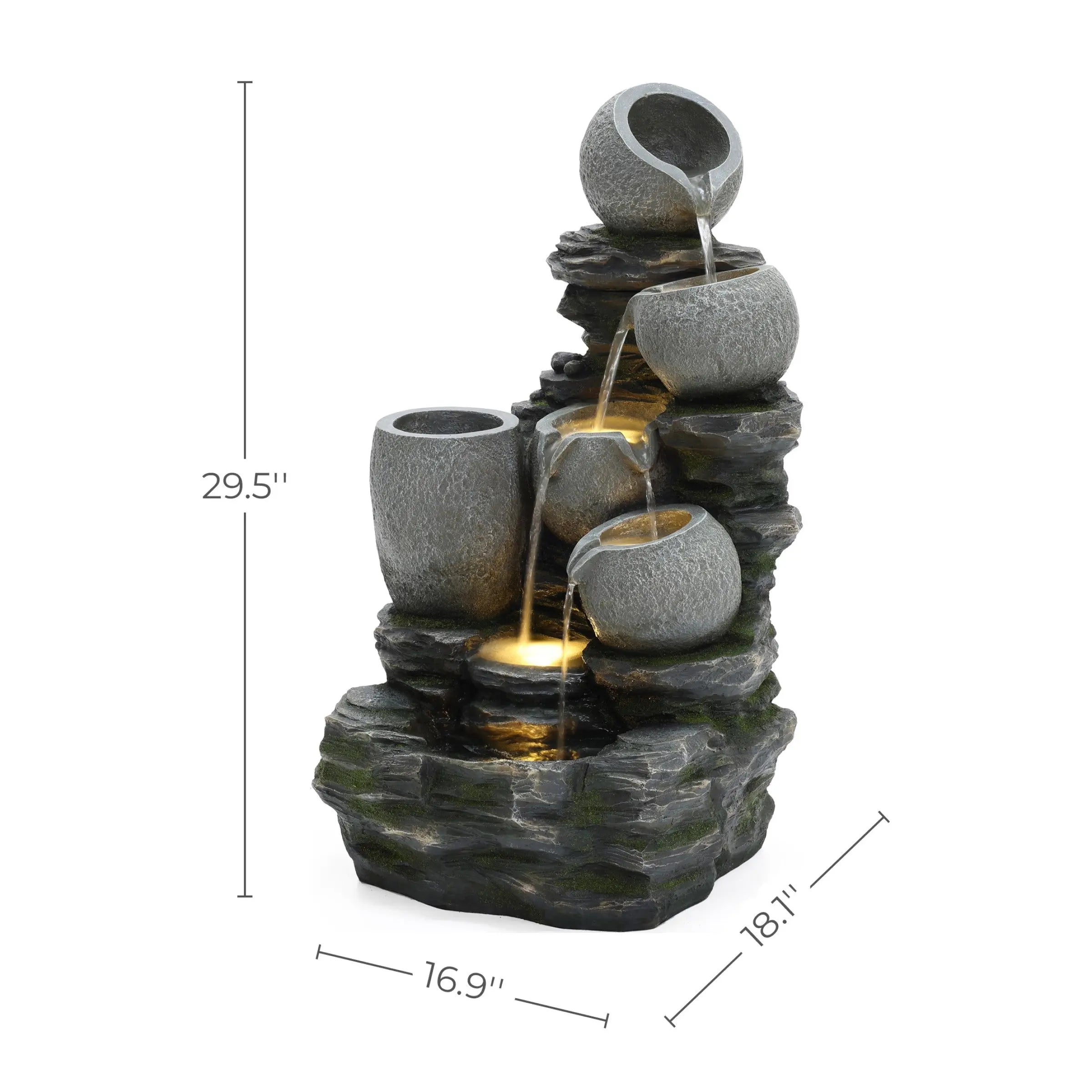 3-Tier Gray Pots on Stacked Rocks Polyresin Outdoor Water Fountain with Lights and Gray Side Planter - LuxenHome