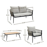 This patio furniture set, featuring Olefin fabric cushions, includes a loveseat (54.53 wide, 28.15 high), armchair (25.64 high, 31.5 deep), and a table (39.37 wide, 14.96 high). Designed for durability and style, it’s the perfect outdoor aluminum rattan sofa arrangement for any space.