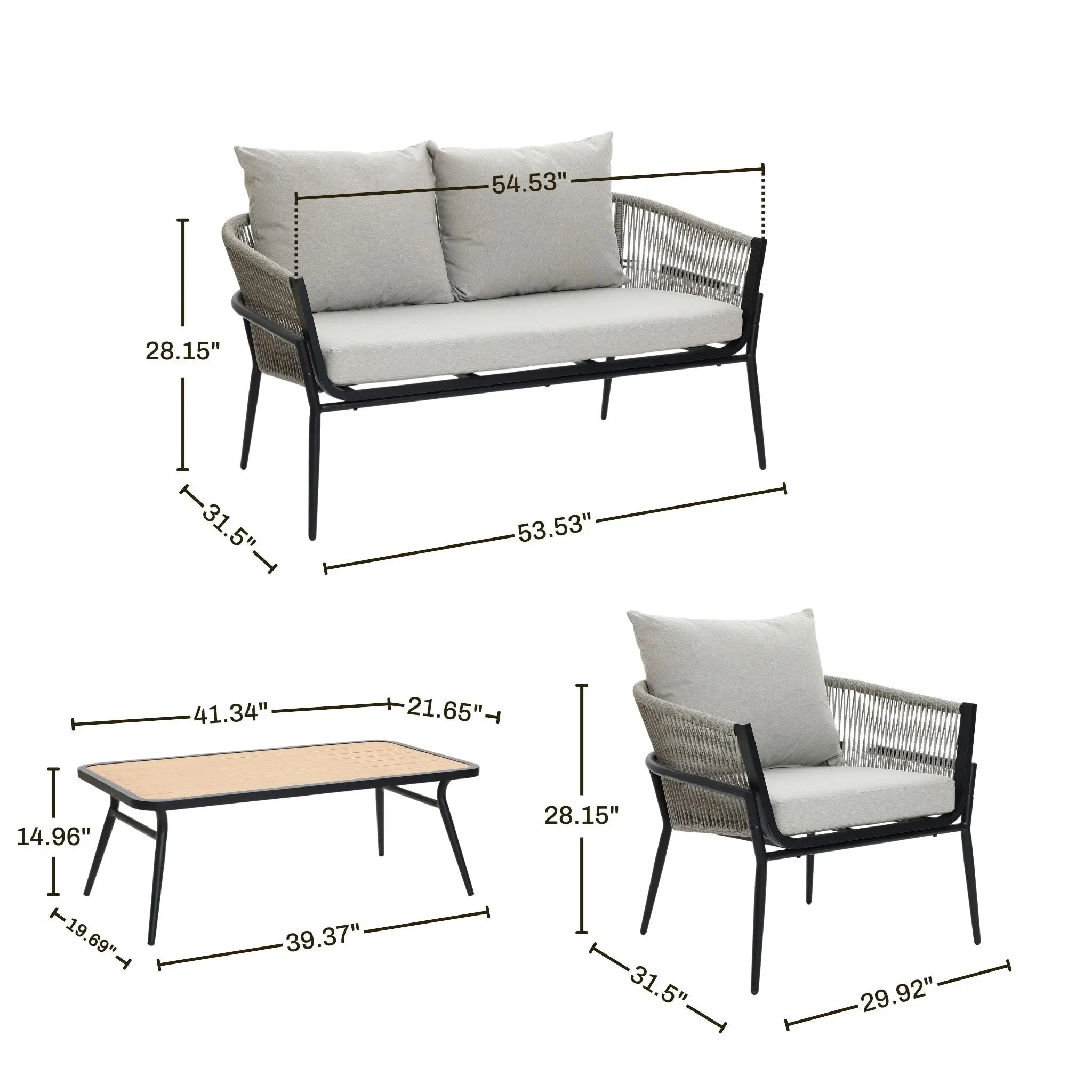 This patio furniture set, featuring Olefin fabric cushions, includes a loveseat (54.53 wide, 28.15 high), armchair (25.64 high, 31.5 deep), and a table (39.37 wide, 14.96 high). Designed for durability and style, it’s the perfect outdoor aluminum rattan sofa arrangement for any space.