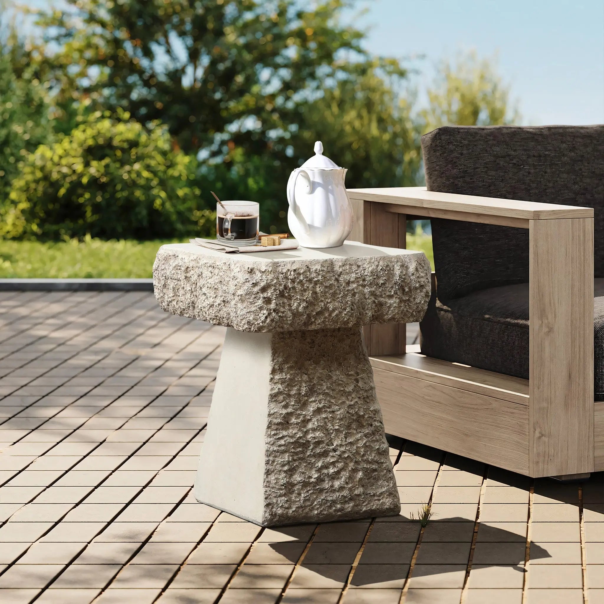 Rock textured cement outdoor side table - LuxenHome
