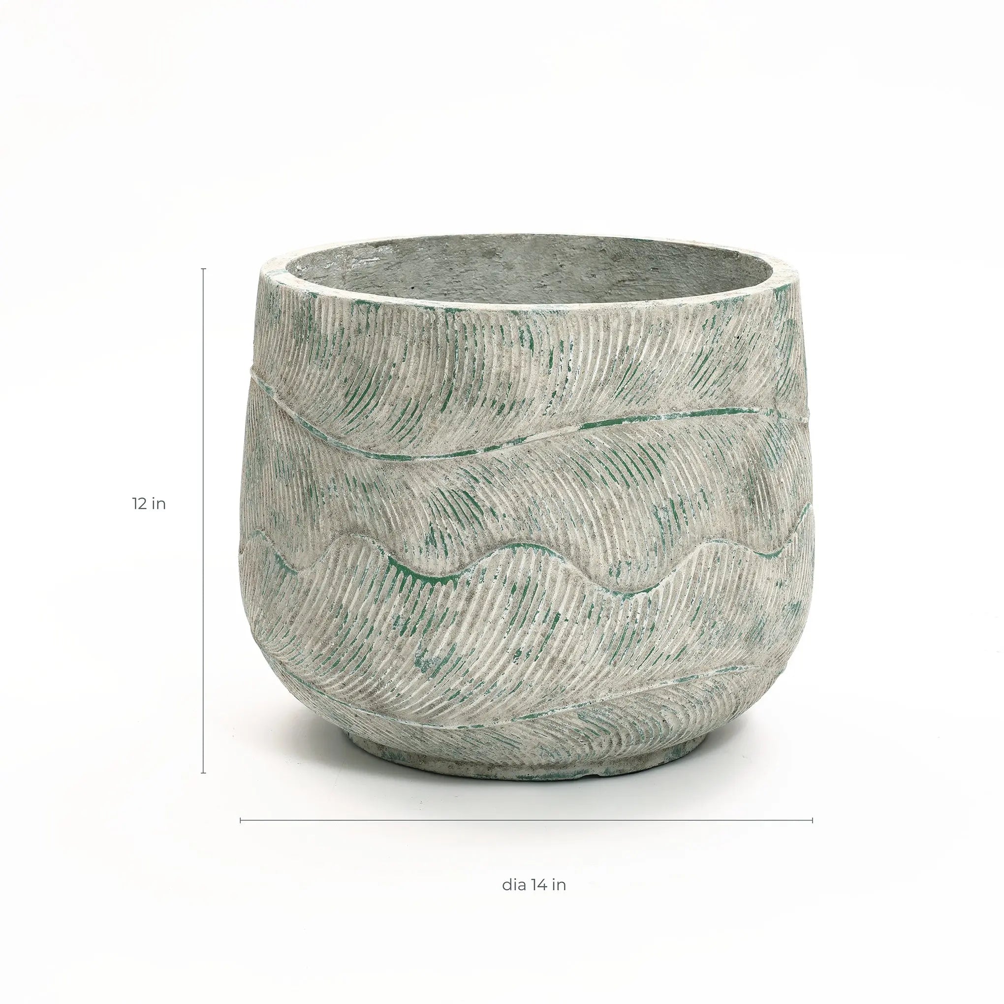 The Rustic Multi-Color Cement 14-Inch Round Planter by LuxenHome showcases a textured gray-green wave pattern and measures 12 inches in height with a 14-inch diameter.