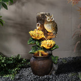 Sunflower and Owl Polyresin Outdoor Water Fountain with Lights - LuxenHome