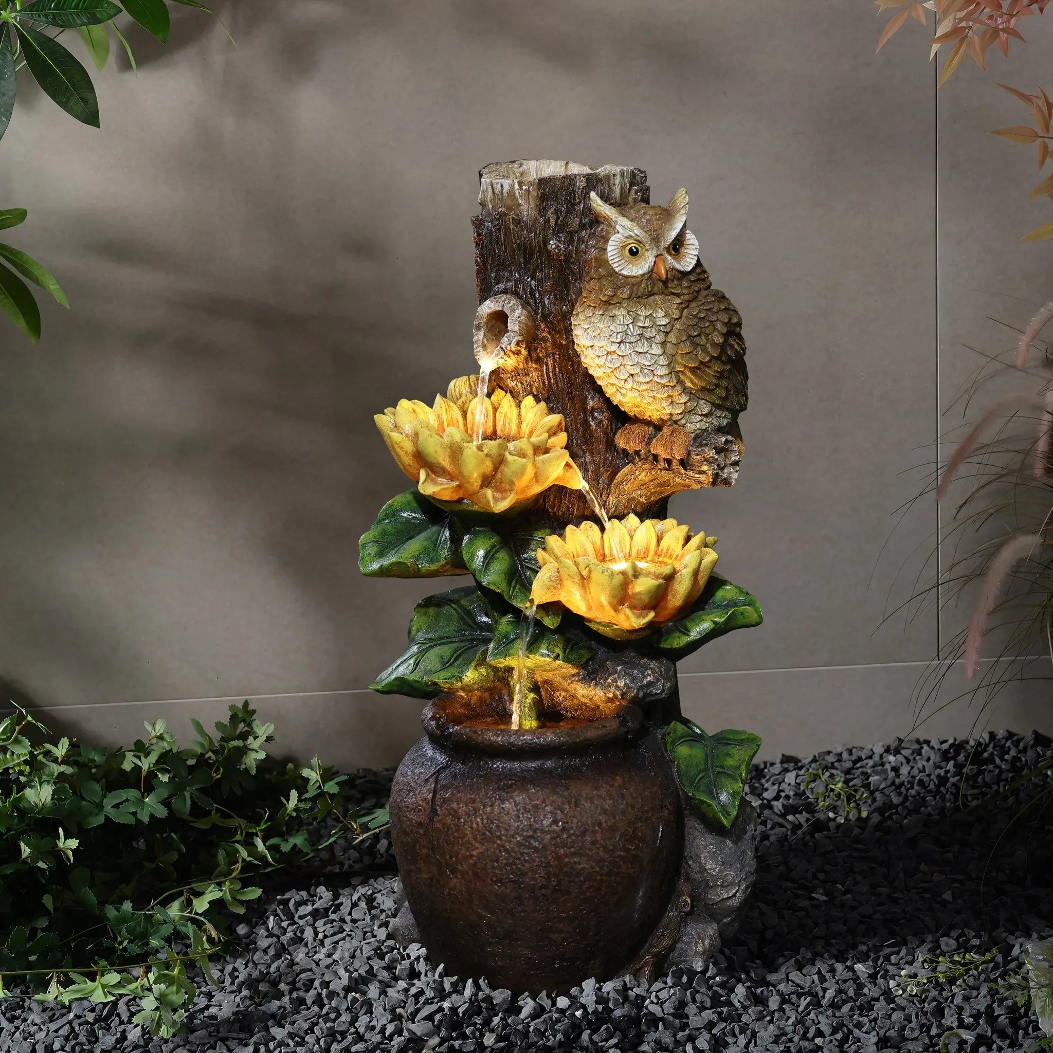 Sunflower and Owl Polyresin Outdoor Water Fountain with Lights - LuxenHome