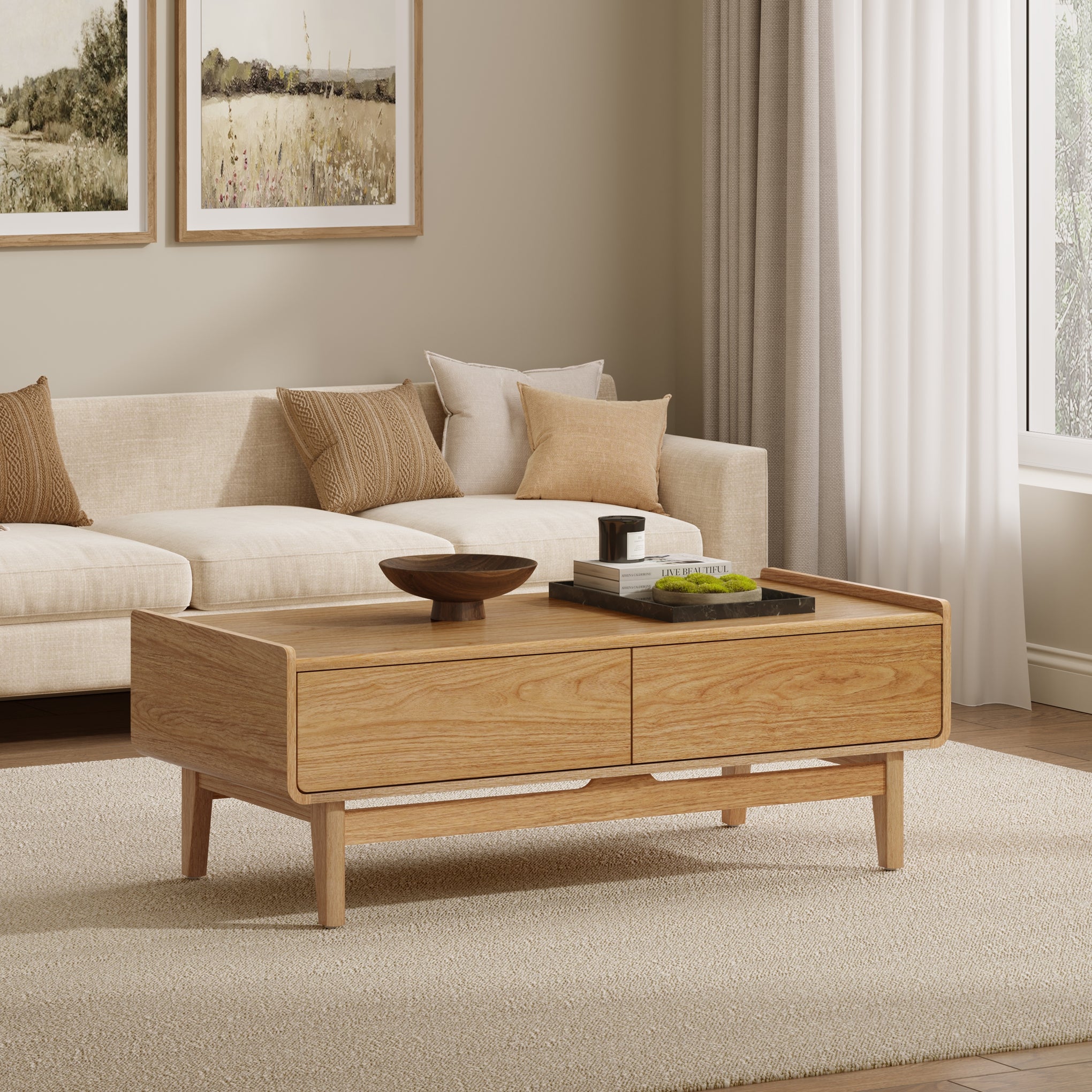 Eric oak finish coffee table with storage - LuxenHome