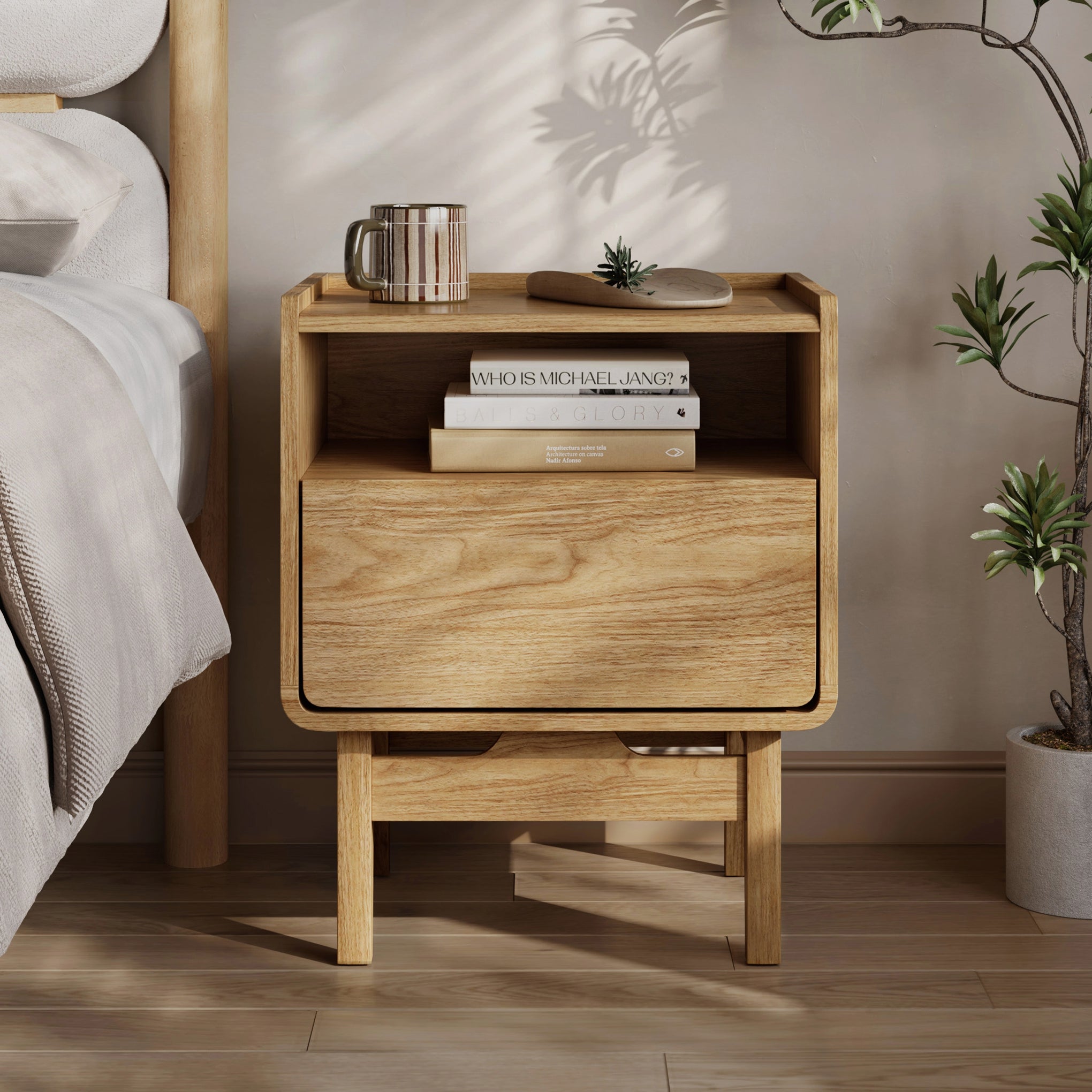 Eric oak finish nightstand with drawer, 22.64"h - LuxenHome