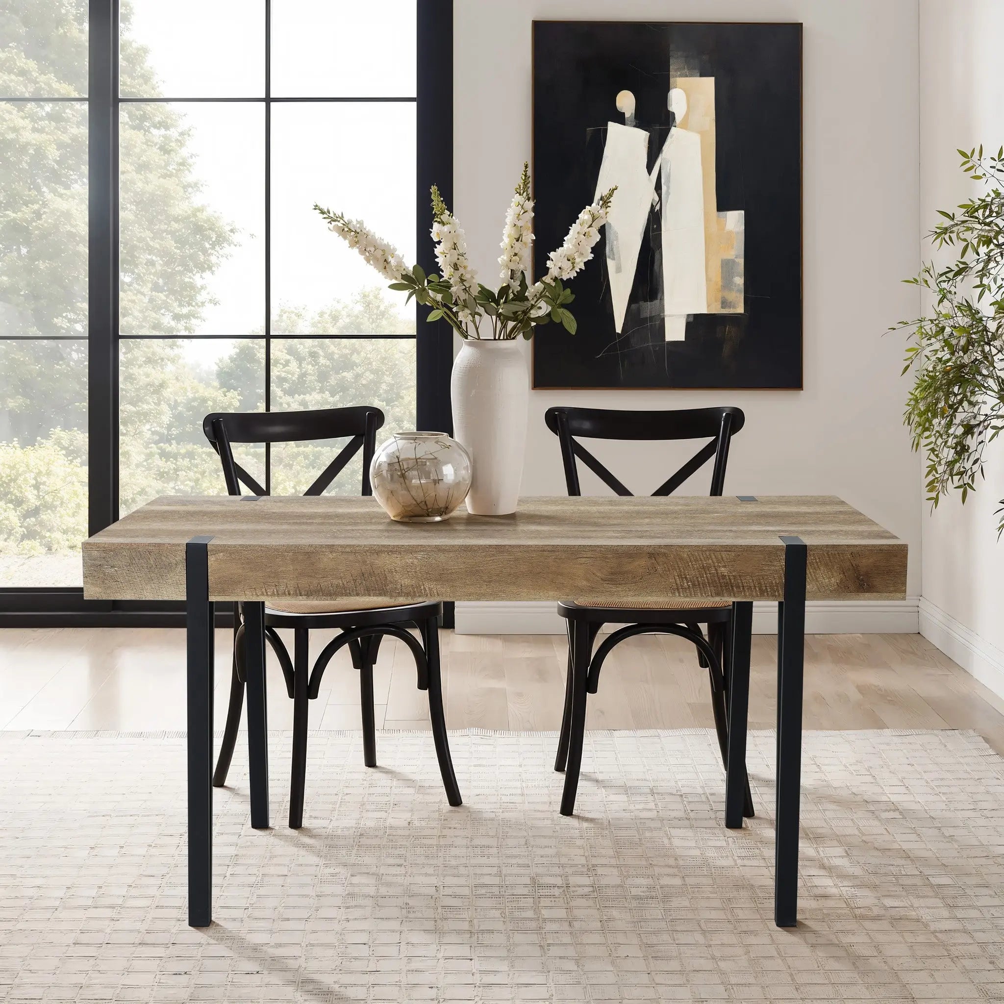 Oak Finish MDF Wood Black Metal Dining Table - LuxenHome