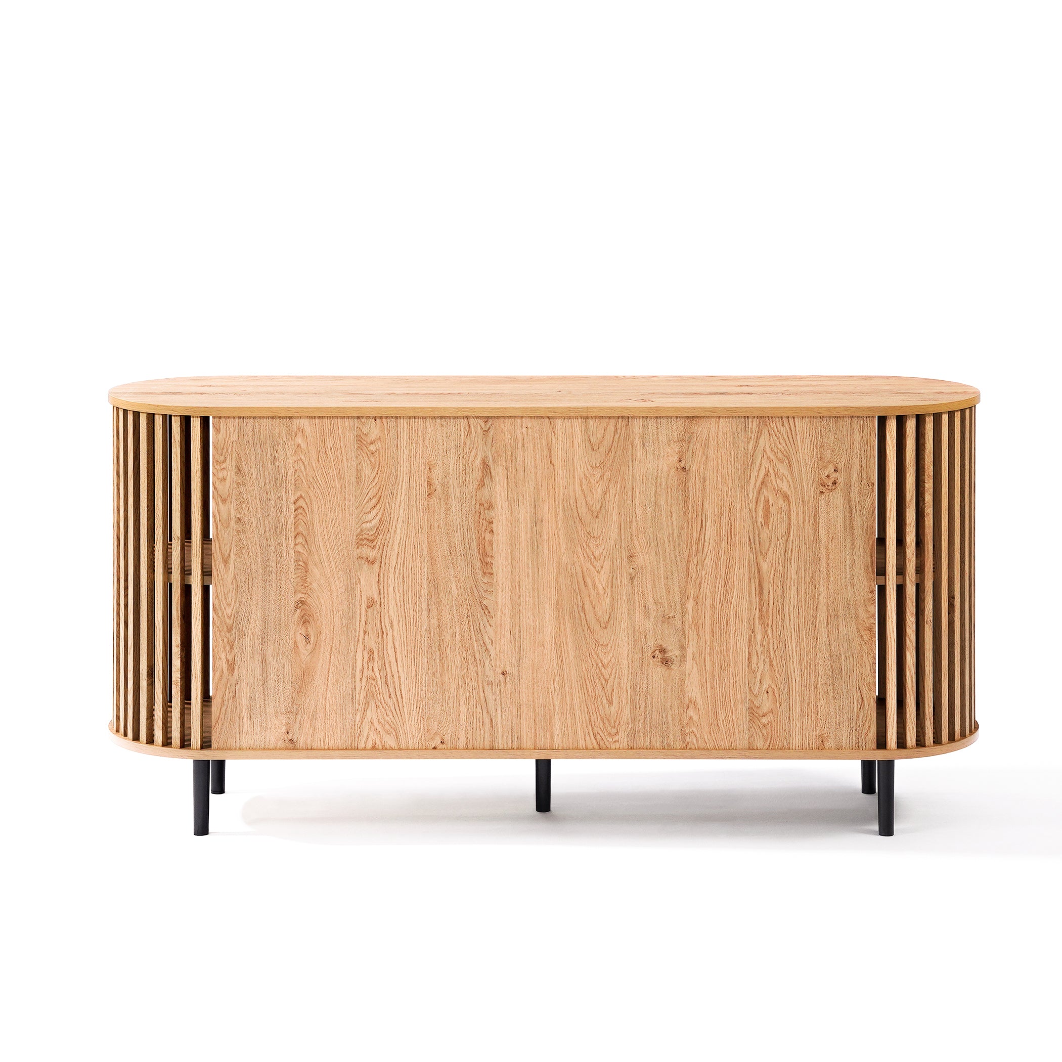 This mid-century modern buffet cabinet features slatted sides and sleek black legs. The front boasts a sliding door showcasing an oak wood grain finish, embodying both style and function.
