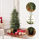 A slim artificial Christmas tree in a black pot stands on a wooden floor with wrapped gifts around it; three insets show close-ups of the realistic branches and needles.