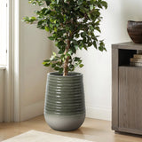 A green leafy plant thrives in a large ribbed gray ceramic planter, complete with a drainage hole. Its placed on a wooden floor next to a wooden cabinet and a window, suitable for both indoor and outdoor environments.