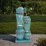 Light blue 4-tier ornate jugs polyresin outdoor water fountain with lights - LuxenHome