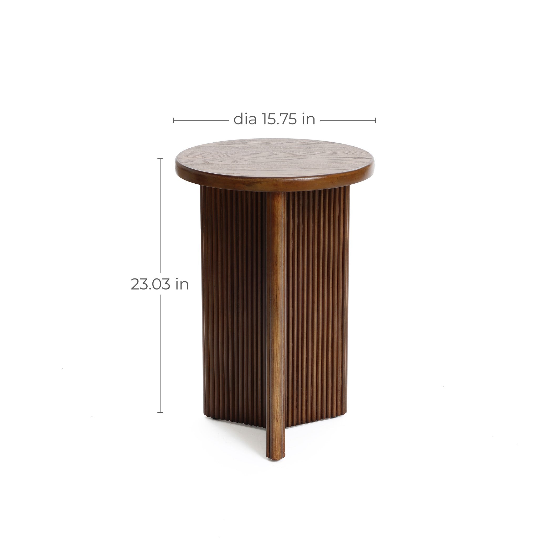 Mid-century modern side table featuring a round tabletop crafted from high-quality MDF wood, showcasing a vertical slat design. Measuring 23.03 inches in height and 15.75 inches in diameter, this piece is both stylish and functional.