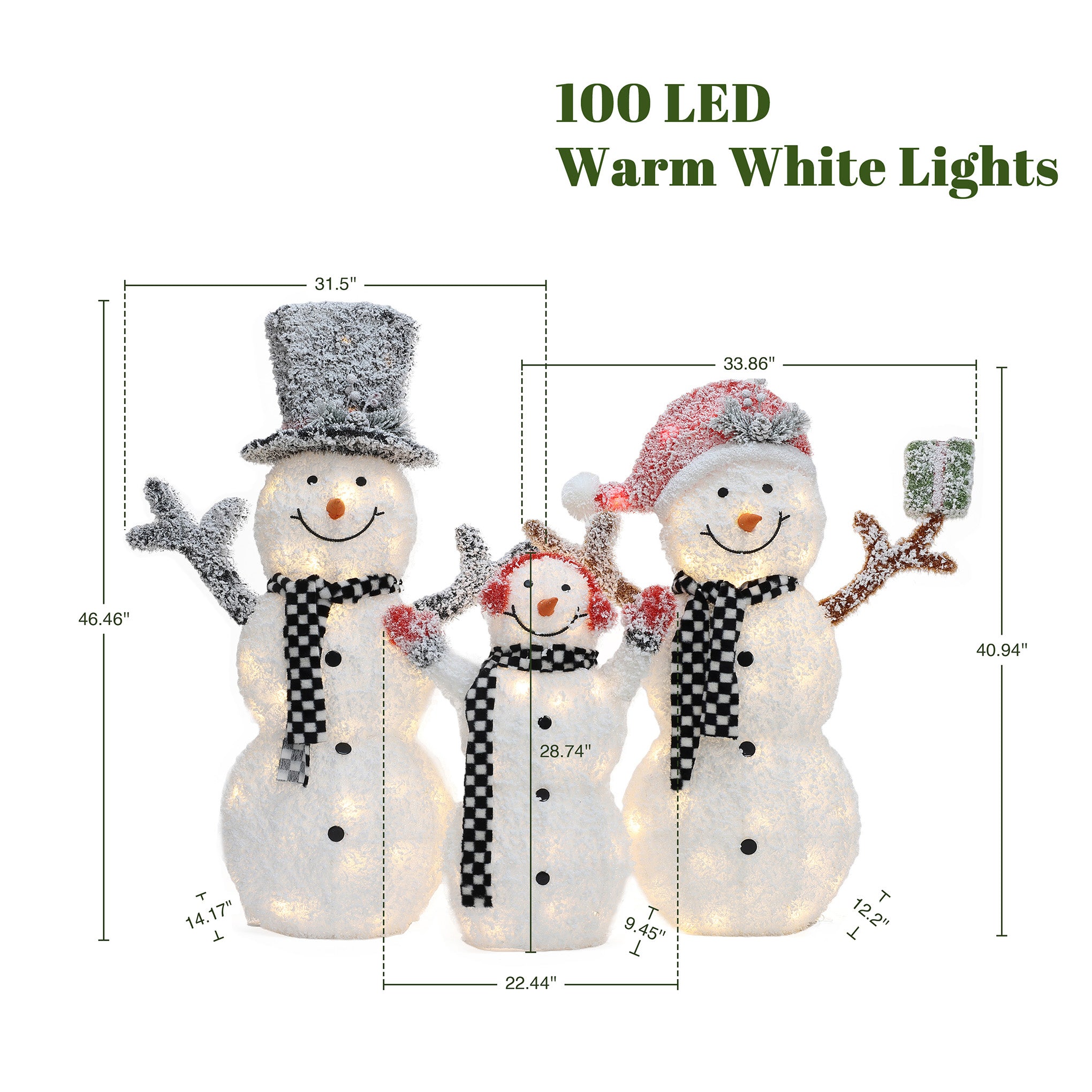 Three lighted snowmen with scarves and hats, illuminated by 100 warm white LEDs. Perfect as an outdoor Christmas decor, each snowman’s dimensions and measurements are clearly displayed around the figures.