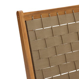 Close-up of a woven khaki fabric on an acacia wood frame, showing a basketweave pattern perfect for outdoor furniture.