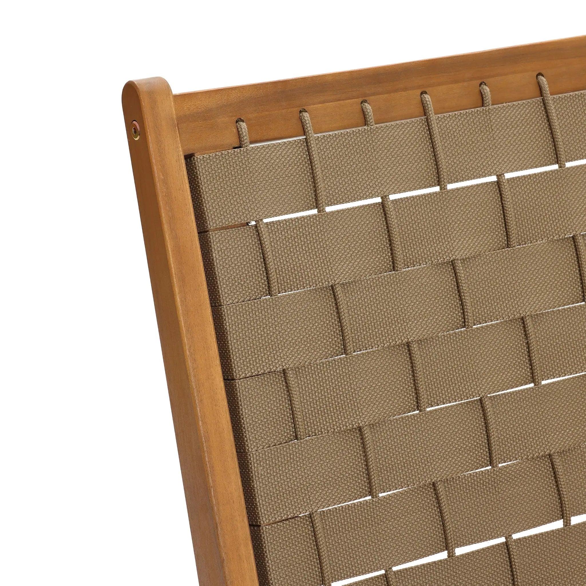 Close-up of a woven khaki fabric on an acacia wood frame, showing a basketweave pattern perfect for outdoor furniture.