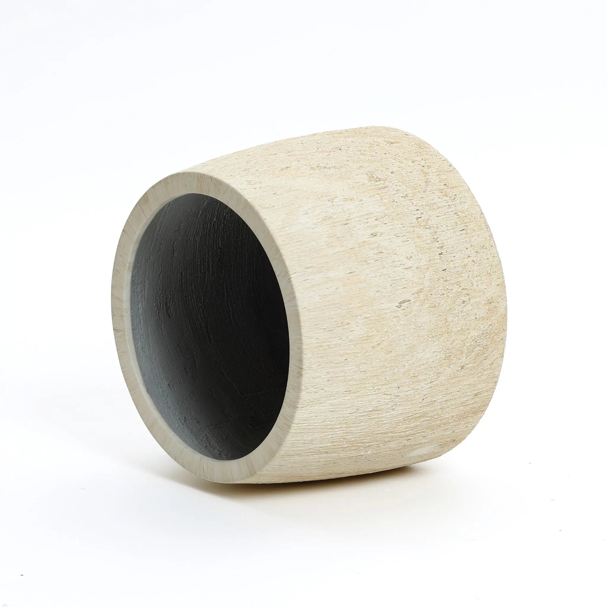A light marble brown, slightly tilted cylindrical wooden pot with a dark interior and ribbed texture, perfect for both indoor and outdoor use.