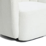 Close-up of the LuxenHome Amber ivory boucle swivel barrel accent chair, showcasing its modern, minimalist design in soft boucle fabric. Focus on seat corner and backrest to highlight elegant contours.