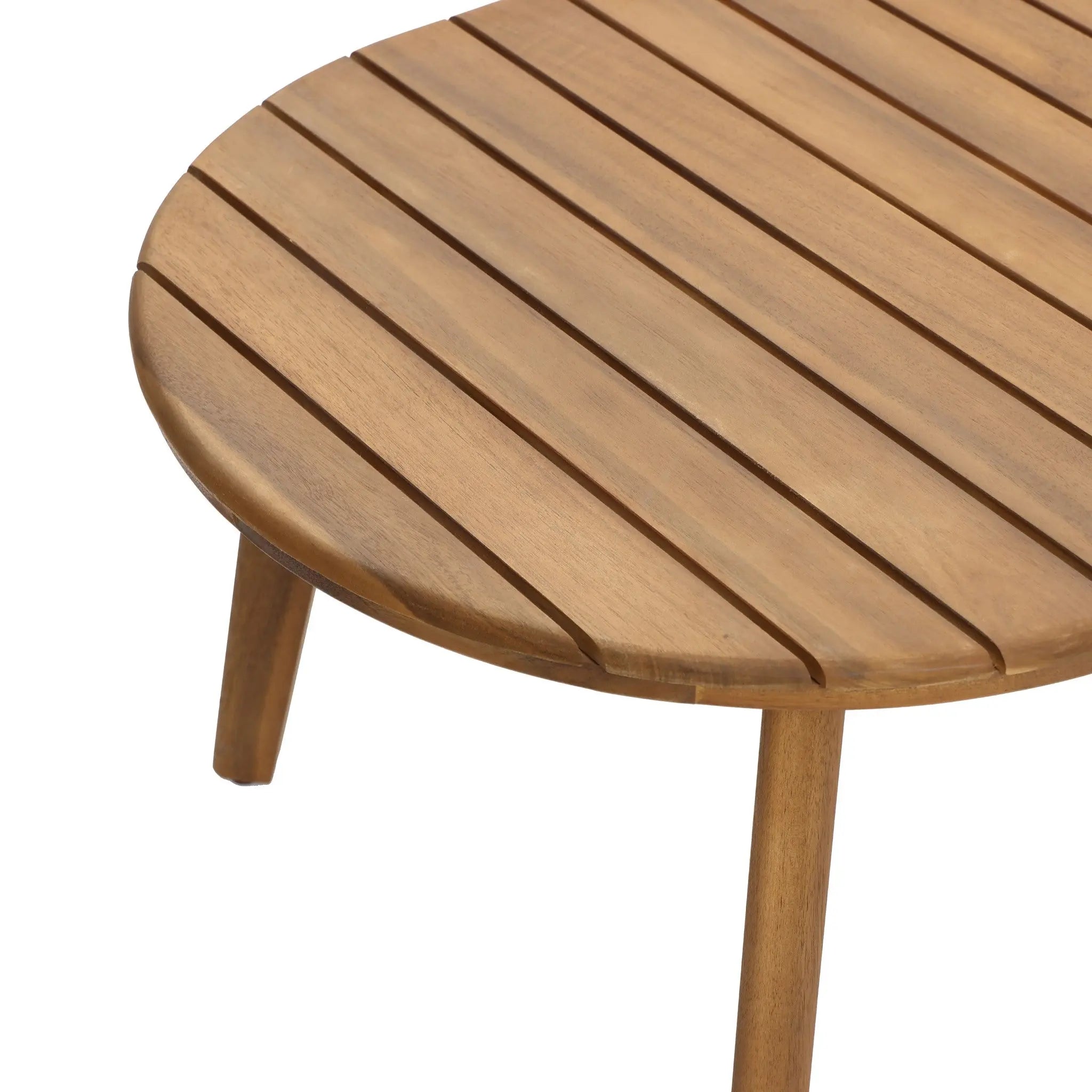 Round wooden table with a slatted top and three legs, shown from an angled overhead view—an ideal companion to Outdoor Acacia Wood or club-style patio furniture.
