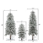 Three artificial snow-frosted pine trees of varying heights (48, 36, and 60) with labeled width and base measurements on a white background, featuring lifelike PVC branches for a true winter wonderland feel.