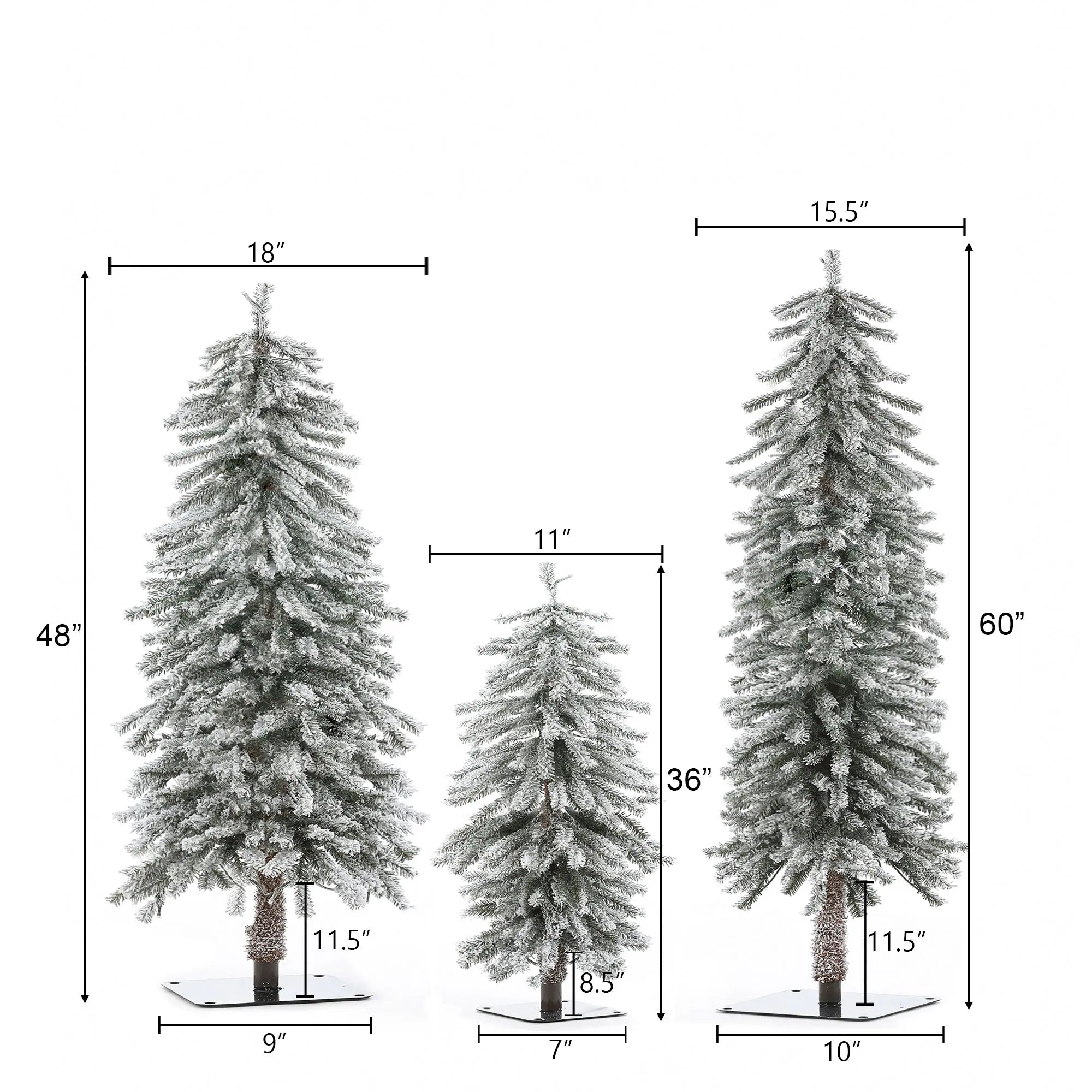 Three artificial snow-frosted pine trees of varying heights (48, 36, and 60) with labeled width and base measurements on a white background, featuring lifelike PVC branches for a true winter wonderland feel.