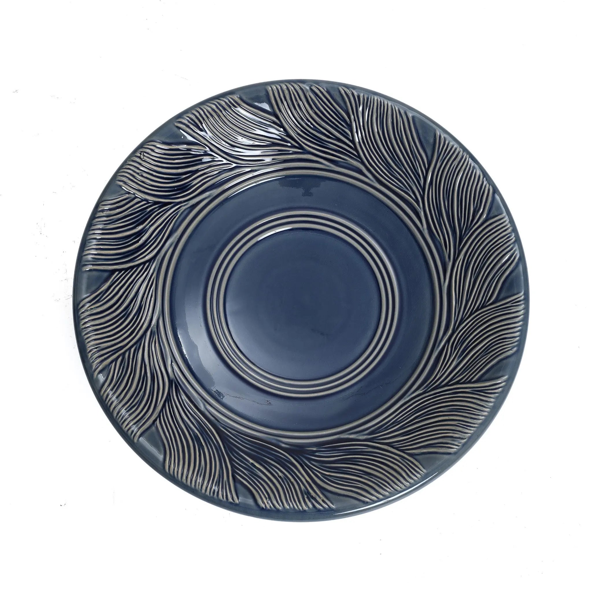 Blue ceramic birdbath with leaves and swirl pattern - LuxenHome
