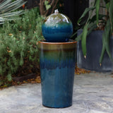 Glazed Blue and Brown Duo-Tone Sphere on Round Pillar Bubbler Ceramic Water Fountain - LuxenHome