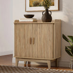 Fluted tambour door oak finish storage cabinet with tray top - LuxenHome