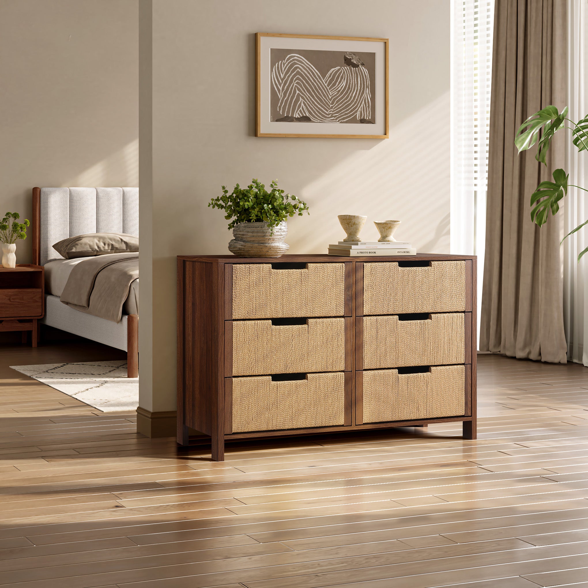 LuxenHome Walnut Finish MDF Wood with Rope Front 6-Drawer Horizontal Dresser Brown LuxenHome Walnut Finish MDF Wood with Rope Front 6-Drawer Horizontal Dresser Brown