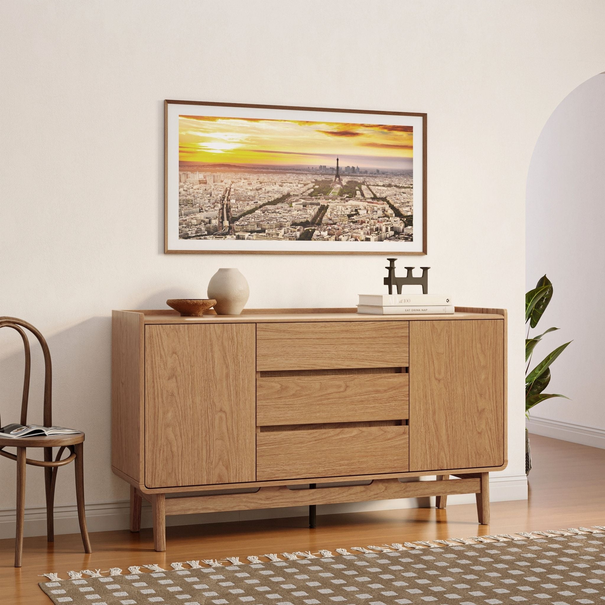 LuxenHome Summer Oak Engineered Wood 55 in. Wide Sideboard Cabinet with 3-Drawers