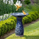 Blue ceramic birdbath with petals and vines pattern - LuxenHome