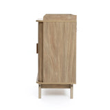 Fluted tambour door oak finish storage cabinet with tray top - LuxenHome