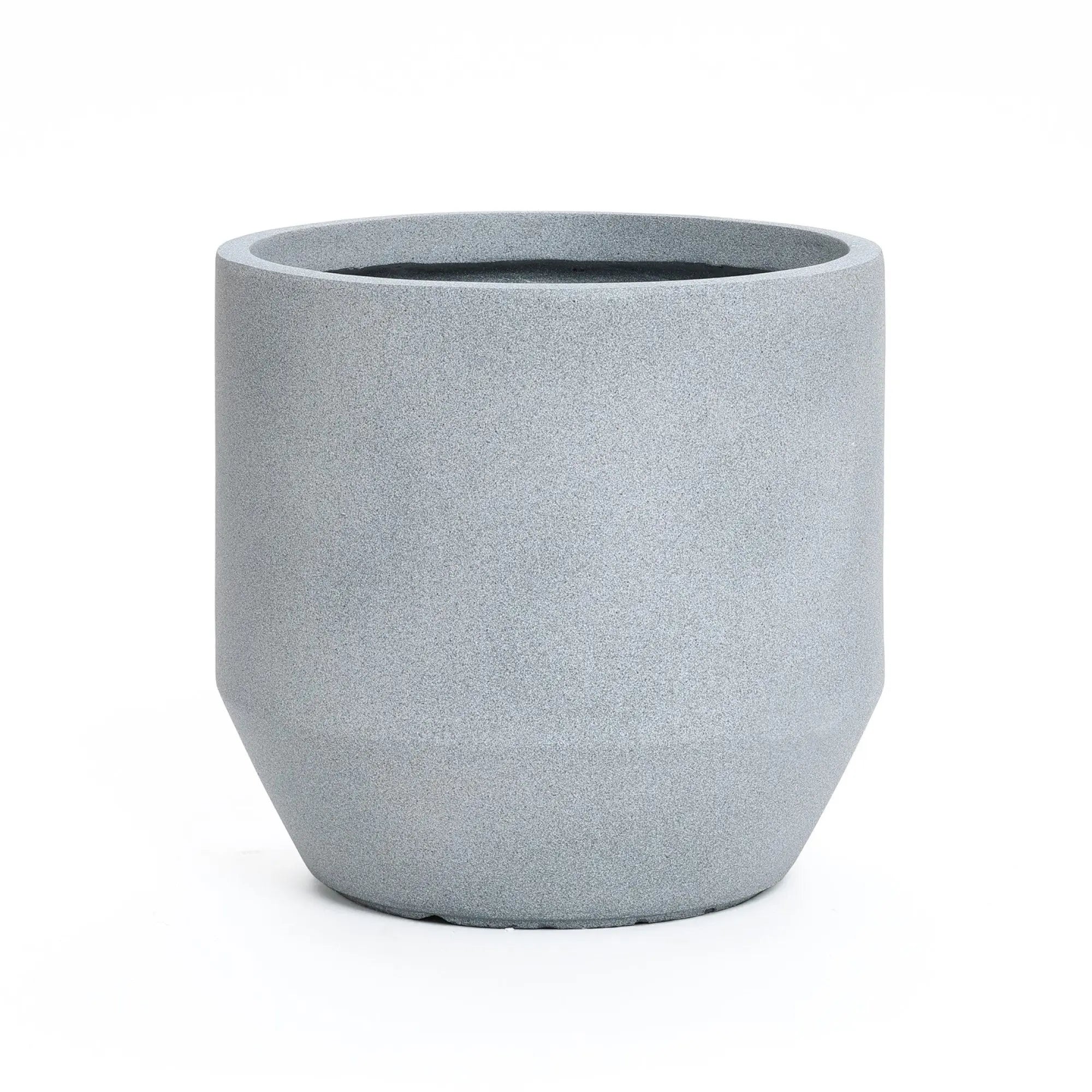 A gray, cylindrical concrete planter with a smooth matte finish sits on a white background, embodying modern minimalist design. Its weather resistance makes it ideal for both indoor and outdoor decor.