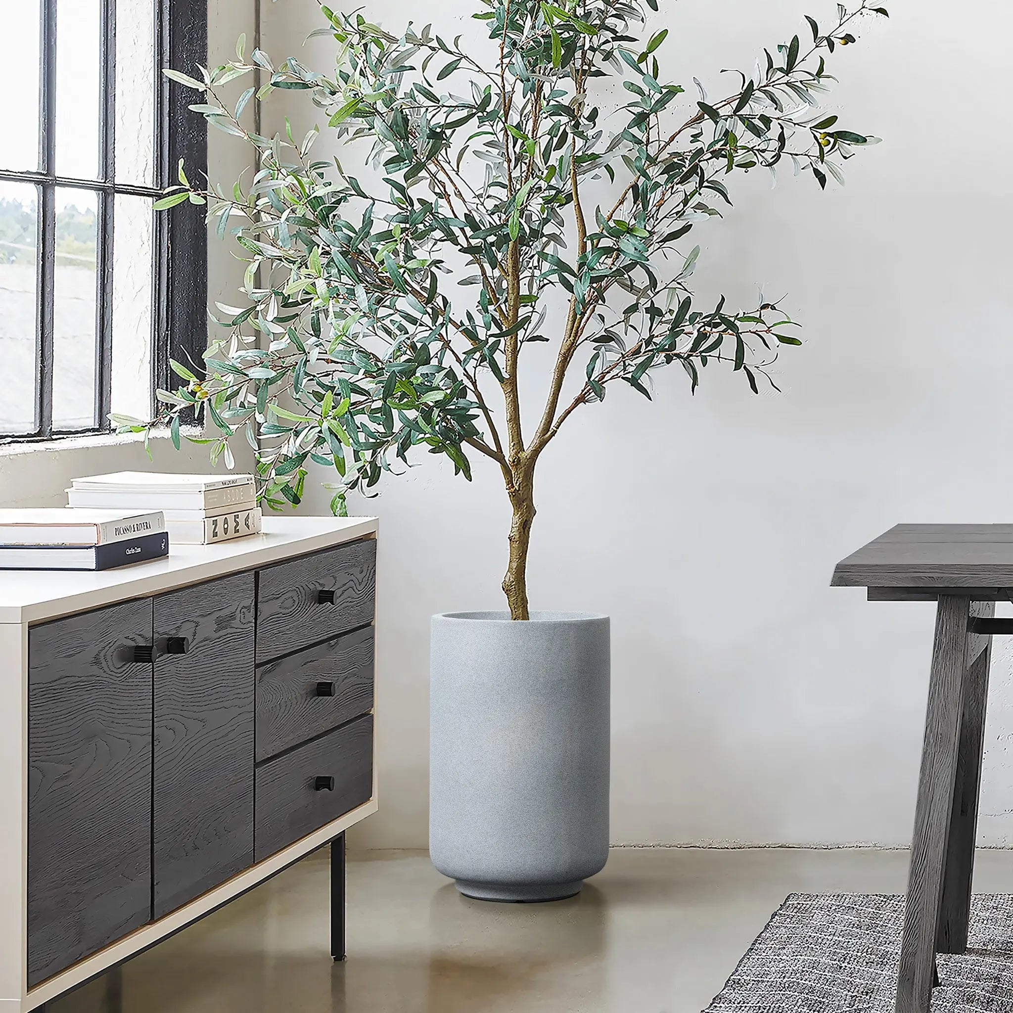 Tall potted plant with slender green leaves in a Gray Round Planter, beside a modern black cabinet and near a dark wooden table with metal legs, all set against the backdrop of large windows for that perfect touch of modern minimalist decor.