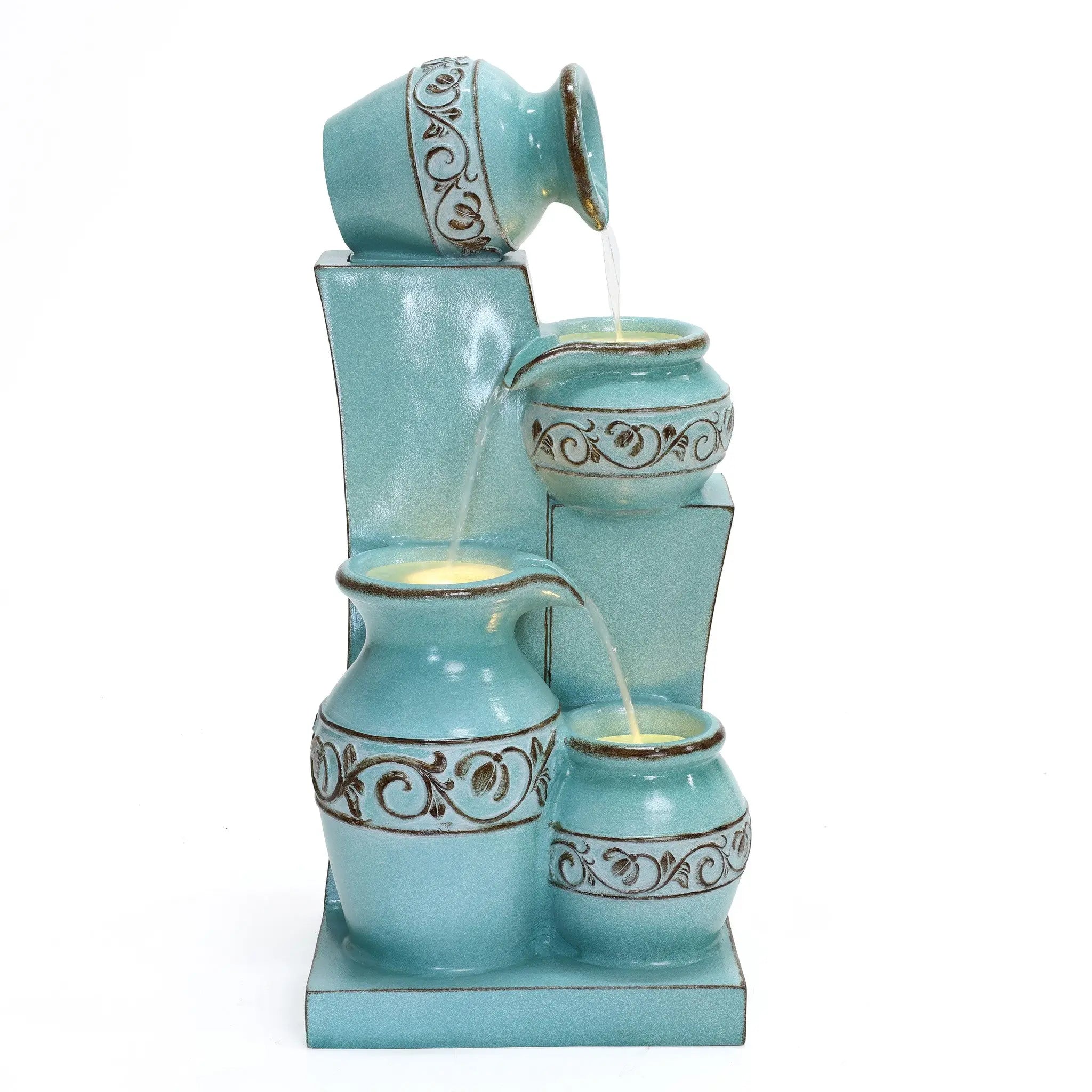 Light blue 4-tier ornate jugs polyresin outdoor water fountain with lights - LuxenHome