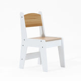 Explore the versatile Children Play Table with Bookcase and 2 Chairs Set by LuxenHome, featuring a modern design with a natural wood seat and backrest complemented by sturdy white sides. Ideal for pairing with a study desk or arts and crafts table, it combines style and functionality.